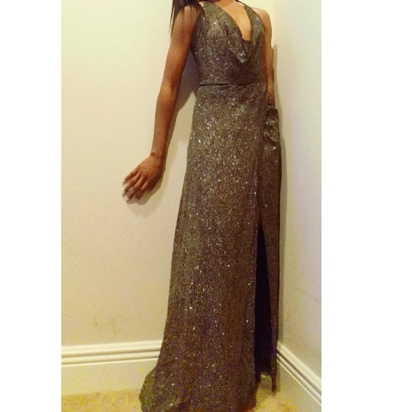 Glitter Halter Plunging Evening Gown - Picture 3 of 16
